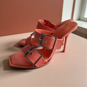 ALEXANDER MCQUEEN Boxcar 100mm Salmon Pink Si Leather Buckle Sandals Heels Size